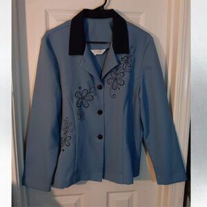 Elizabeth Williams Two tone blue botton down jacket with stiched flowers size 14